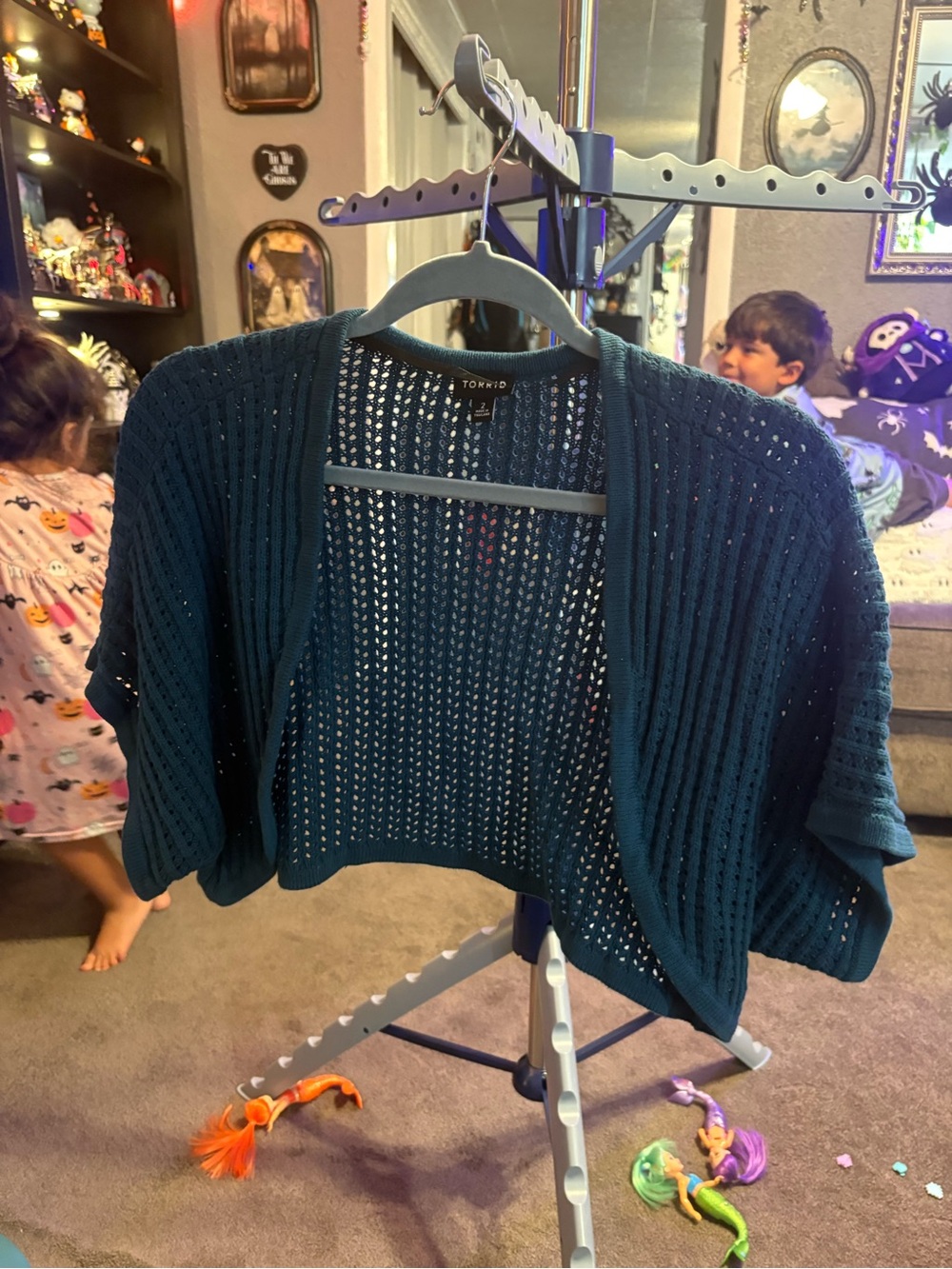 Torrid Dark Teal Open-Knit Cropped Cardigan Sweater